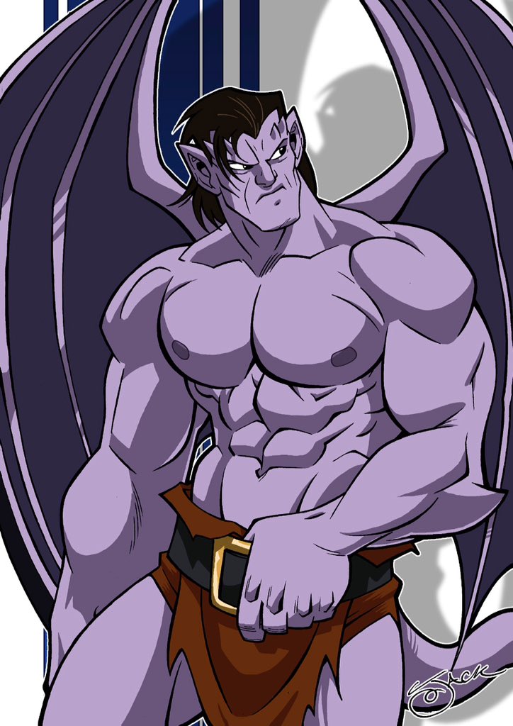 abs belt biceps bottomwear clothed clothing frown hair hand_on_belt horn humanoid_pointy_ears loincloth long_hair male membrane_(anatomy) membranous_wings nipples pecs pointy_ears solo topless wings jlawrence_art disney gargoyles goliath_(gargoyles) gargoyle humanoid