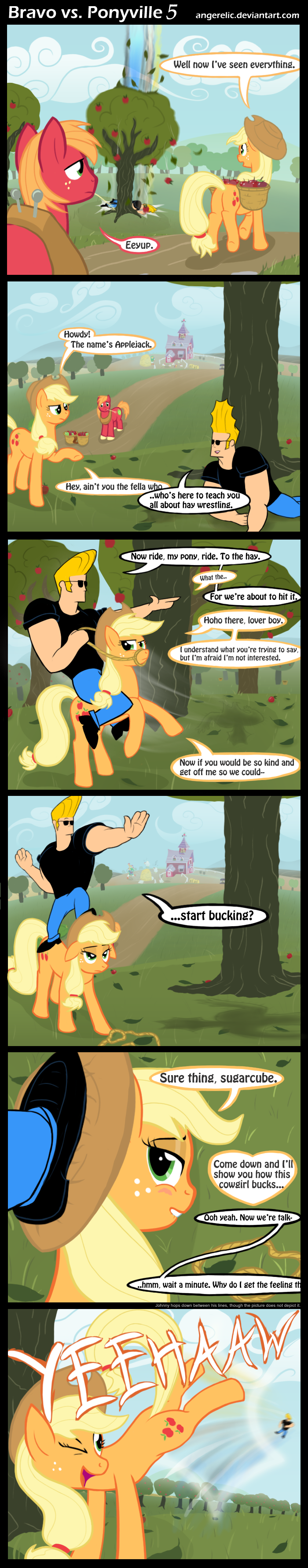 apple blonde_hair blush bottomwear clothing cutie_mark denim denim_bottomwear denim_clothing detailed_background dialogue eyewear female feral food fruit group hair jeans male pants plant quadruped shirt sunglasses tail text topwear angerelic cartoon_network friendship_is_magic hasbro johnny_bravo_(series) my_little_pony applejack_(mlp) big_macintosh_(mlp) johnny_bravo scootaloo_(mlp) avian bird chicken earth_pony equid equine galliform gallus_(genus) horse human mammal phasianid pony absurd_res comic crossover english_text hi_res long_image tall_image url