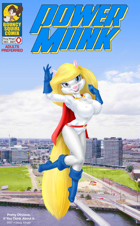 anthro blonde_hair blue_eyes boots breasts cape cleavage clothed clothing copyright_symbol female flying footwear hair nipple_outline open_mouth photo_background red_cape red_clothing shoes solo superhero superhero_costume symbol white_body doug_winger animaniacs dc_comics warner_brothers minerva_mink power_girl mammal mink mustelid musteline true_musteline 2007 cover cover_art cover_page photography_(artwork)