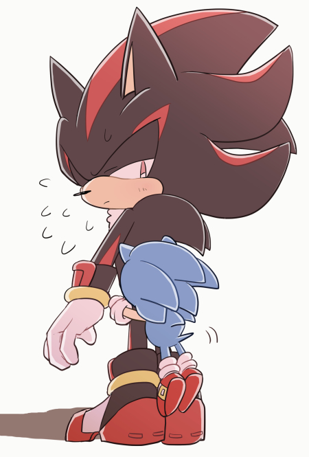 anthro black_body black_fur blue_body blue_fur bodily_fluids clothing duo footwear fur gloves handwear hug male red_body red_fur shoes simple_background size_difference sweat white_background sikai sega sonic_the_hedgehog_(series) shadow_the_hedgehog sonic_the_hedgehog eulipotyphlan hedgehog mammal