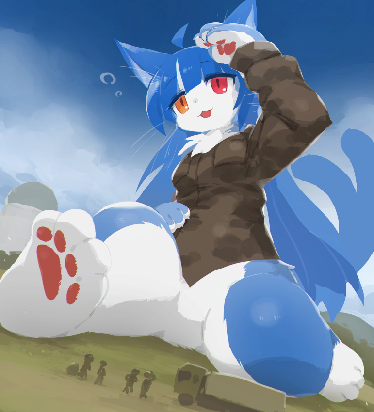 4_fingers 4_toes :3 ahoge ambiguous_gender anthro anthro_focus biped blue_body blue_ears blue_fur blue_hair blue_tail bottomless bottomless_anthro bottomless_female building camo camo_clothing camo_jacket camo_print camo_topwear clothed clothing cloud countershade_fur countershade_hands countershade_legs countershading day detailed_background extreme_size_difference featureless_crotch feet female female_focus fingerpads fingers forked_tail front_view fur gesture group hair heterochromia hindpaw kemono larger_anthro larger_female long_hair macro monotone_hair monotone_tail multicolored_body multicolored_fur open_:3 open_mouth orange_eyes outside pattern_clothing pattern_topwear pawpads paws pink_pawpads pupils red_eyes salute sitting size_difference sky smaller_ambiguous solo_focus tail thick_thighs toes topwear truck_(vehicle) tuft two_tone_body two_tone_fur unusual_anatomy unusual_tail vehicle whiskers white_body white_countershading white_fur white_inner_ear nagasaki_wonderful_polyester japan_air_self-defense_force omaneko_(jasdf) domestic_cat felid feline felis mammal 2023 colored digital_media_(artwork) digital_painting_(artwork) full-length_portrait portrait shaded male_(lore)