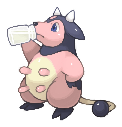 ambiguous_gender beverage black_body black_nose black_skin bottle container drinking feet feral hand_on_hip holding_bottle holding_container holding_object horn milk nude pink_body pink_skin simple_background solo standing tail tan_body tan_skin teats what white_background pearl7 nintendo pokemon bovid bovine generation_2_pokemon mammal miltank pokemon_(species) low_res