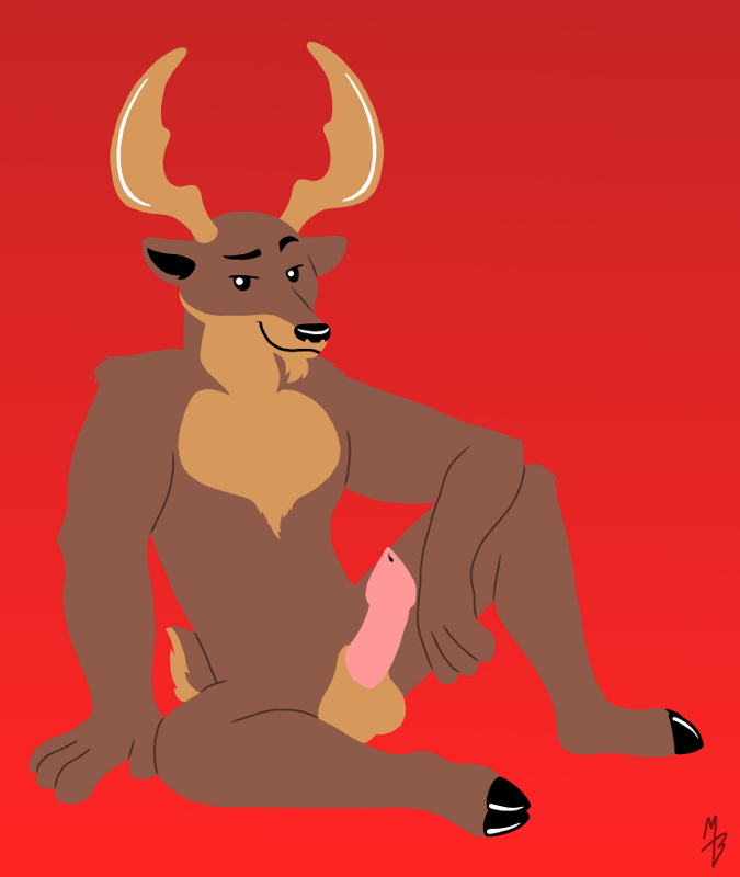 anthro antlers balls brown_body brown_fur erection fur genitals horn male nude nude_anthro nude_male penis pink_penis red_background simple_background sitting solo tan_balls tan_body tan_fur lollipoppaintbrush speedrunners buckshot_(speedrunners) deer mammal 2015