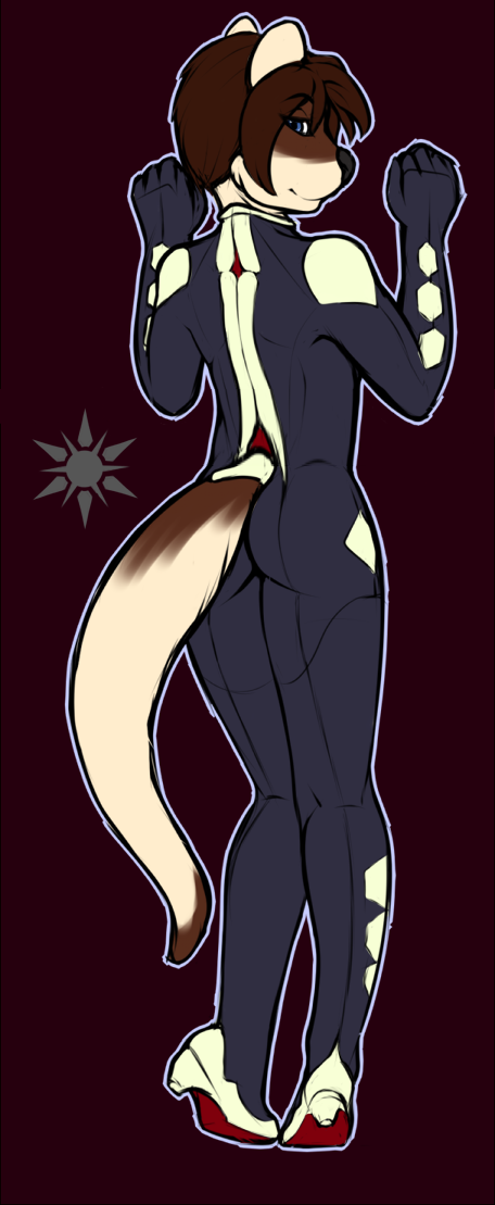 ambiguous_gender anthro biped blue_eyes bodysuit butt clothed clothing footwear fur hair high_heels pumps shoes skinsuit smile solo tight_clothing ivory-raven sable_(ivory-raven) mammal mustelid otter 2015