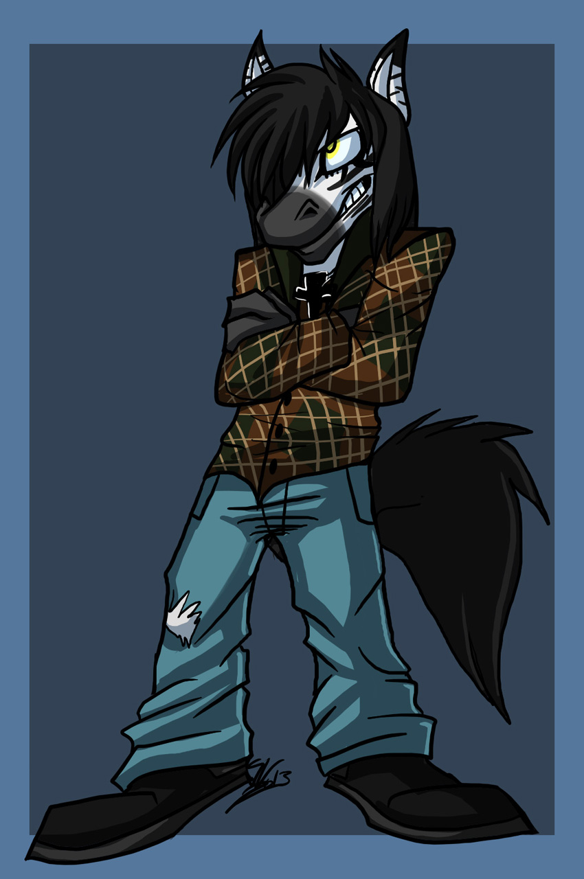 angry anthro biped black_body black_clothing black_footwear black_fur black_hair black_shoes black_tail blue_border border bottomwear clothed clothing cross crossed_arms footwear front_view fully_clothed fur grey_background grey_bottomwear grey_clothing grey_pants hair hair_over_eye long_hair male multicolored_body multicolored_fur one_eye_obstructed pants shoes simple_background snout solo standing tail two_tone_body two_tone_fur white_body white_fur yellow_eyes fatalsyndrome vincenzo_moretti equid equine mammal zebra 2013 digital_media_(artwork) full-length_portrait hi_res portrait signature