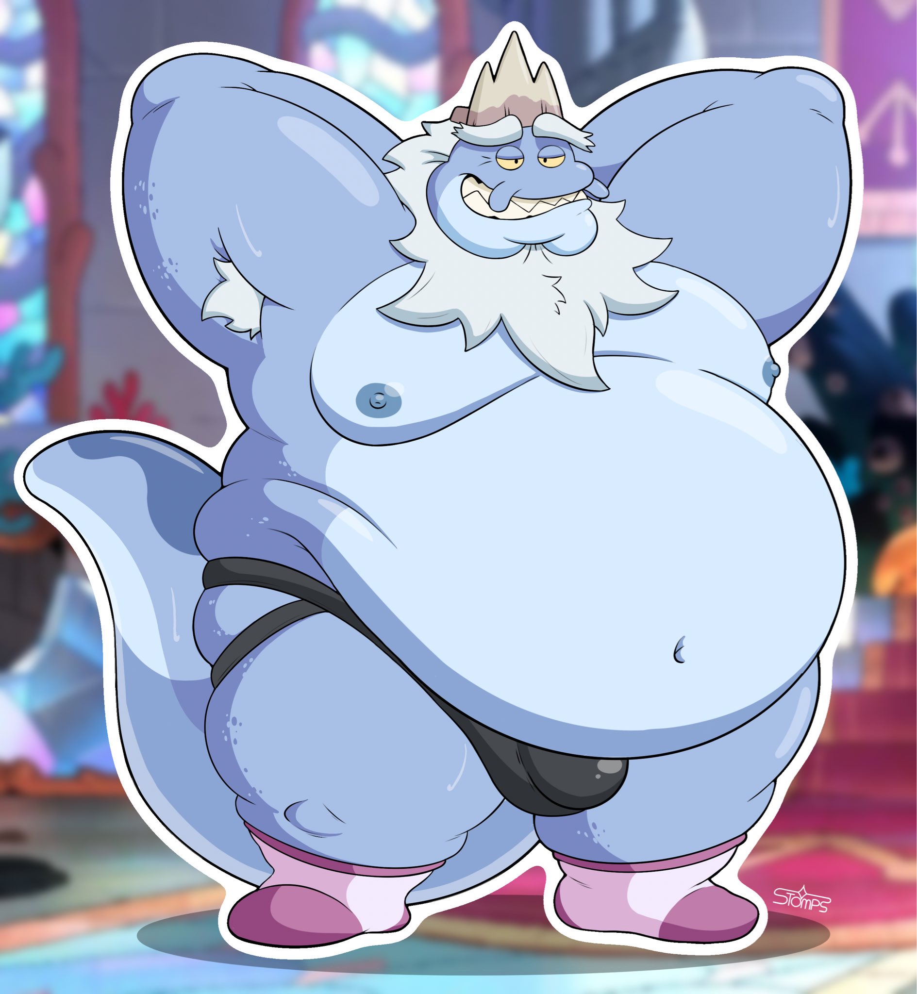 Rule 34 Dev - general:[anthro armpit_hair beard belly  big_belly blue_body body_hair bulge clothing crown  detailed_bulge facial_hair hair headgear king male moobs  nipples non-mammal_nipples obese obese_anthro ...