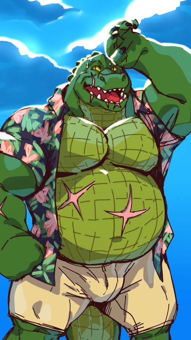 5_fingers anthro belly biceps bulge clothed clothing cloud facial_scar fingers floral_print male muscular muscular_anthro muscular_male navel open_clothing open_mouth open_shirt open_topwear overweight overweight_anthro overweight_male pecs scar shirt short sky solo topwear taoren barnes alligator alligatorid crocodilian reptile scalie 2018 portrait three-quarter_portrait