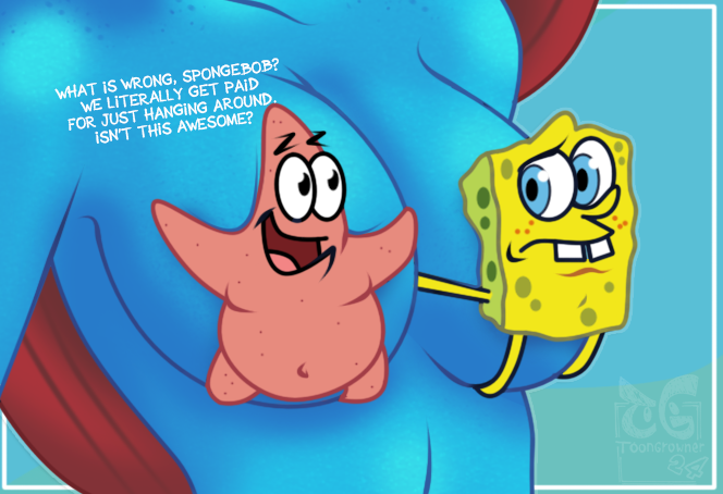 anthro big_breasts bikini bikini_top breasts buckteeth clothing dialogue duo female freckles hair male nude smile swimwear teeth text two-piece_swimsuit toongrowner nickelodeon spongebob_squarepants patrick_star spongebob_squarepants_(character) asterozoan echinoderm marine mollusk sea_sponge starfish digital_media_(artwork) english_text