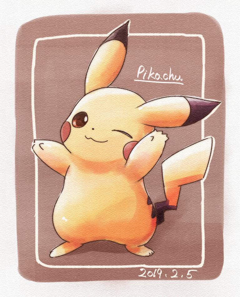 fur looking_at_viewer male one_eye_closed smile solo standing yellow_body yellow_fur mei_(artist) nintendo pokemon generation_1_pokemon mammal pikachu pokemon_(species) rodent 2019