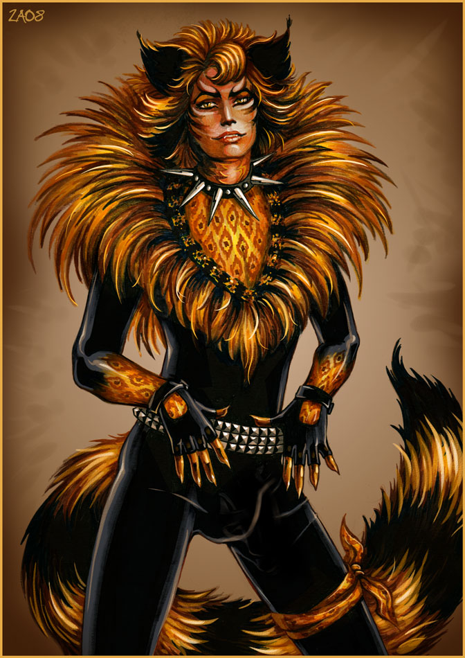 alternative_fashion belt bulge claws clothed clothing collar detailed_bulge drag_(fashion) drag_king fingerless_gloves fur_collar genital_outline glamrock gloves handwear kerchief looking_at_viewer male penis_outline solo tail yellow_eyes candra cats_(musical) rum_tum_tugger domestic_cat felid feline felis mammal