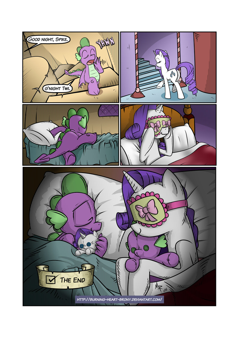 bed blindfold border dialogue eyemask eyewear female feral furniture hair horn male mask offscreen_character plushie purple_body purple_hair purple_tail sleep_mask sleeping tail text white_body white_border burning-heart-brony friendship_is_magic hasbro my_little_pony mythology rarity_(mlp) spike_(mlp) dragon equid equine mammal mythological_creature mythological_equine mythological_scalie scalie unicorn 2014 comic end_page english_text url