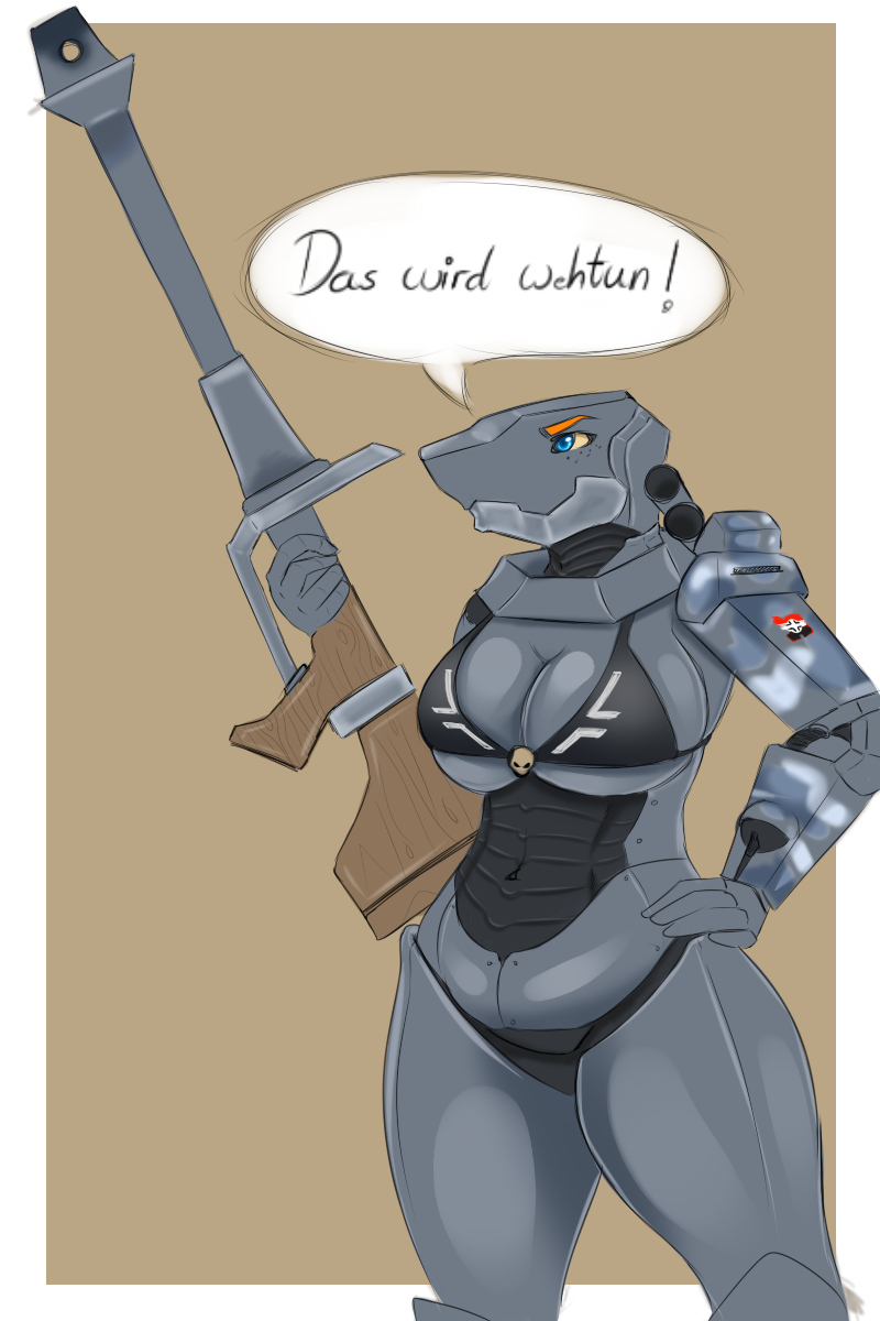 big_breasts bra breasts cannon clothing dialogue female german_flag gun machine not_furry ranged_weapon solo tank text thick_thighs underwear vehicle weapon blackbetty living_machine 2:3 german_text hi_res translated