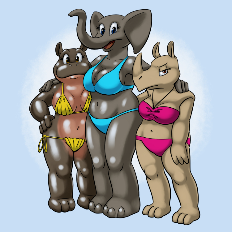 anthro big_breasts bikini breasts cleavage clothed clothing female group looking_at_viewer navel open_mouth serious simple_background skimpy slightly_chubby smile swimwear two-piece_swimsuit carelessdoodler common_hippopotamus elephant elephantid hippopotamid mammal proboscidean rhinoceros 1:1 2015