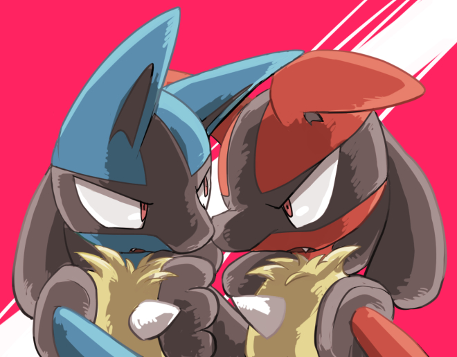 alternate_color ambiguous_gender anthro black_body black_fur blue_body blue_fur duo fur pink_background red_body red_fur simple_background sikai nintendo pokemon generation_4_pokemon lucario pokemon_(species)