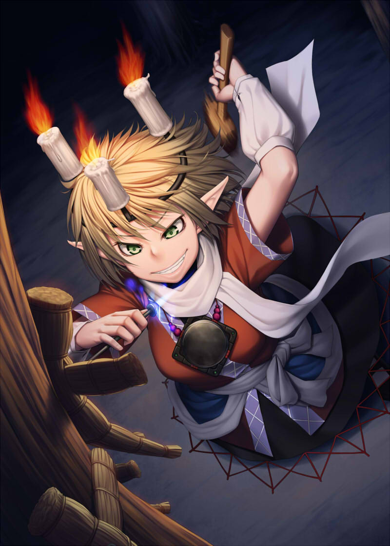 blonde_hair candle clothed clothing eyebrows female fire hair hammer holding_hammer holding_object holding_tool humanoid_pointy_ears not_furry pointy_ears solo straw_doll tools ushi_no_koku_mairi hkasei touhou parsee_mizuhashi humanoid 2014