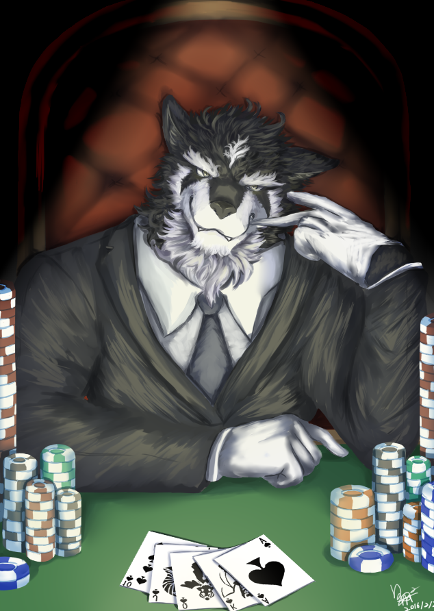 5_fingers ace_of_spades anthro biped black_body black_fur card chair clothed clothing dress_shirt fingers flush_(poker_hand) front_view fur furniture gloves handwear jack_of_spades jacket king_of_spades looking_at_viewer male muscular muscular_anthro muscular_male necktie playing_card poker poker_chip queen_of_spades royal_flush shirt sitting smile solo stack standard_playing_card straight_(poker_hand) straight_flush ten_of_spades topwear white_body white_fur dingding_(artist) canid canine mammal 2016 detailed