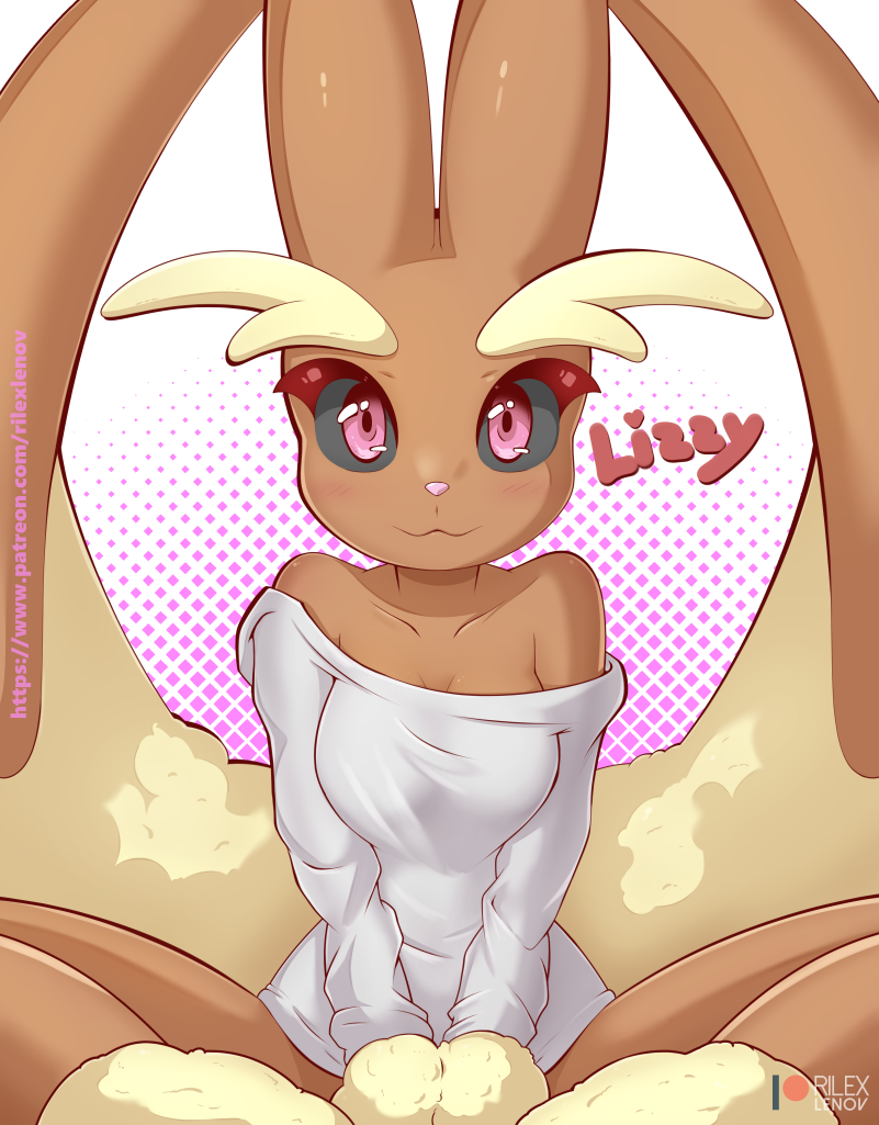 :3 anthro black_sclera clothed clothing female looking_at_viewer off_shoulder patreon_logo pink_eyes pink_nose solo text topwear rilex_lenov nintendo patreon pokemon lizzy_(rilex_lenov) generation_4_pokemon lagomorph lopunny mammal pokemon_(species) 2020 url