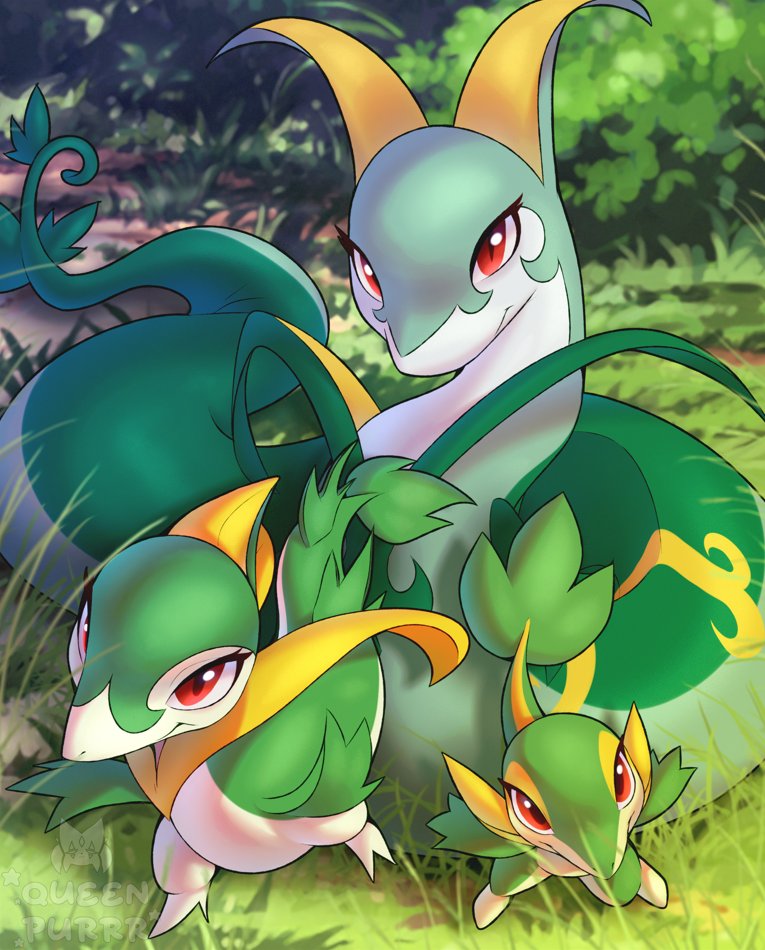 evolutionary_family female feral grass green_body group plant pupils red_eyes slit_pupils trio purrynx queenpurr nintendo pokemon generation_5_pokemon pokemon_(species) serperior servine snivy shaded watermark