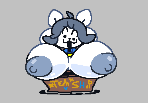 anthro areola big_breasts box breasts container female grey_areola grey_hair grey_nipples hair huge_breasts looking_at_viewer nipples nude open_mouth solo text white_body superiorfox undertale undertale_(series) temmie_(undertale) canid canine felid feline mammal tem english_text