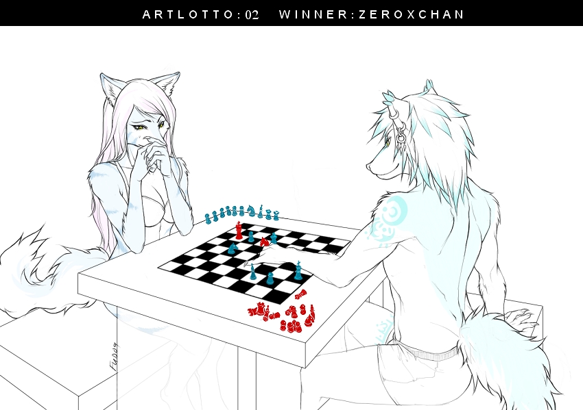 anthro bottomwear bra checkerboard_(object) chess clothed clothing duo ear_piercing female gaming male piercing shorts sitting tail topless underwear fudchan luanova canid canine fox mammal