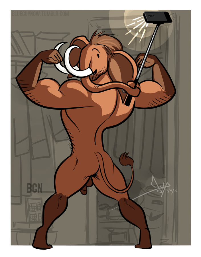 anthro balls big_ears biped brown_body brown_fur brown_hair flaccid fur genitals hair male muscular muscular_anthro muscular_male nude penis rear_view selfie selfie_stick solo standing trunk tusks bgn curtis_(bgn) elephantid mammal mammoth prehistoric_species proboscidean 2016