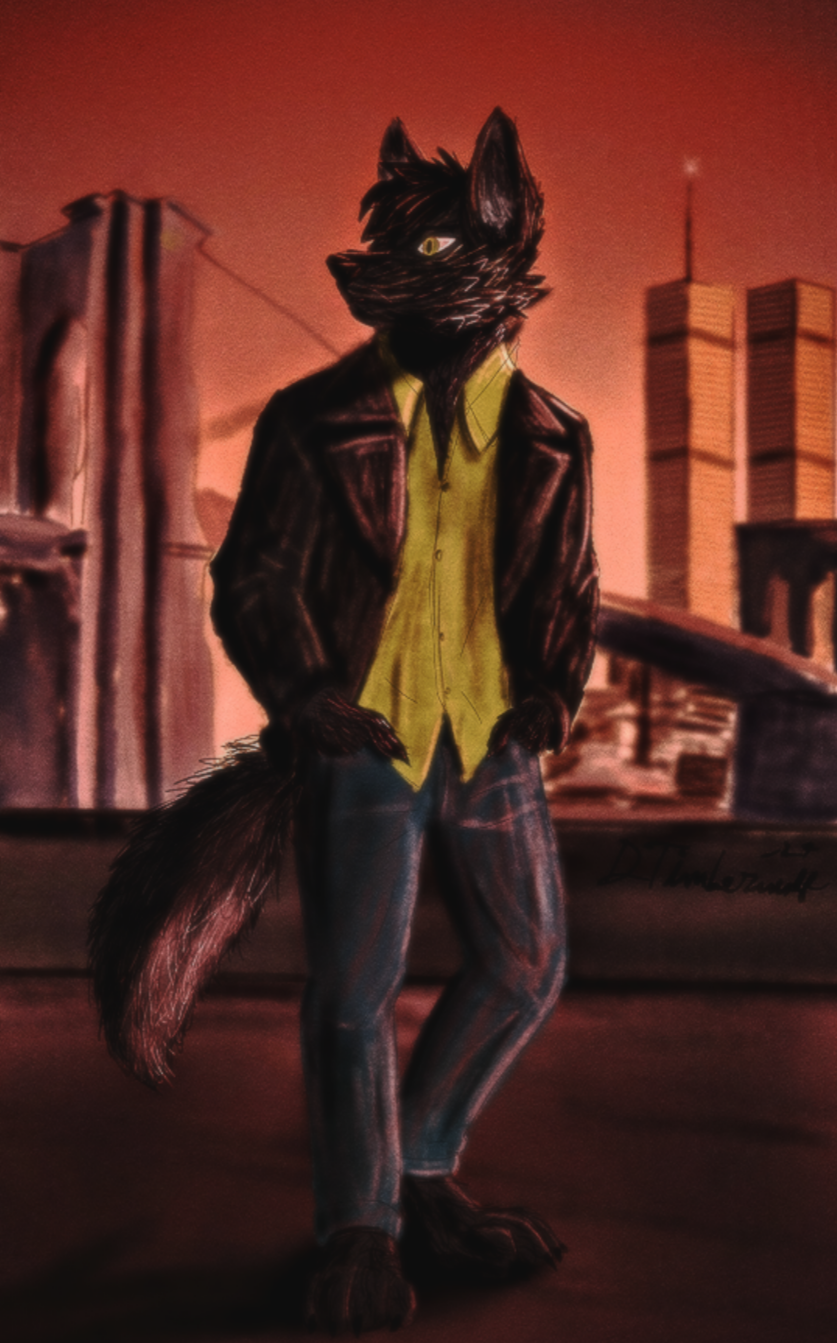 anthro black_body black_fur bottomwear bridge building city city_background clothing denim denim_bottomwear denim_clothing detailed_background fur green_clothing green_shirt green_topwear hand_in_pocket jacket jeans leather leather_clothing leather_jacket leather_topwear male new_york_city pants pockets shirt skyscraper solo standing sunset topwear dante_timberwolf danny_(wolfy) canid canine canis mammal wolf 1998 hi_res