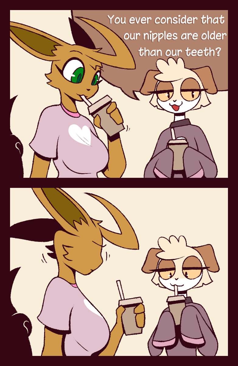 :3 annoyed anthro asking asking_another breasts brown_speech_bubble clothed clothing container cup dialogue drinking drinking_straw drinking_straw_in_mouth duo female green_eyes heart_clothing heart_print heart_shirt heart_symbol heart_t-shirt heart_topwear humor long_sleeves looking_at_another open_:3 print_clothing print_shirt print_t-shirt print_topwear question questioning_tone shirt sipping speech_bubble sweater t-shirt talking_to_another text topwear yes-no_question r-mk nintendo pokemon kenny_(r-mk) naomi_(r-mk) canid canine canis domestic_dog eevee generation_1_pokemon mammal pokemon_(species) 2022 comic digital_media_(artwork) english_text hi_res