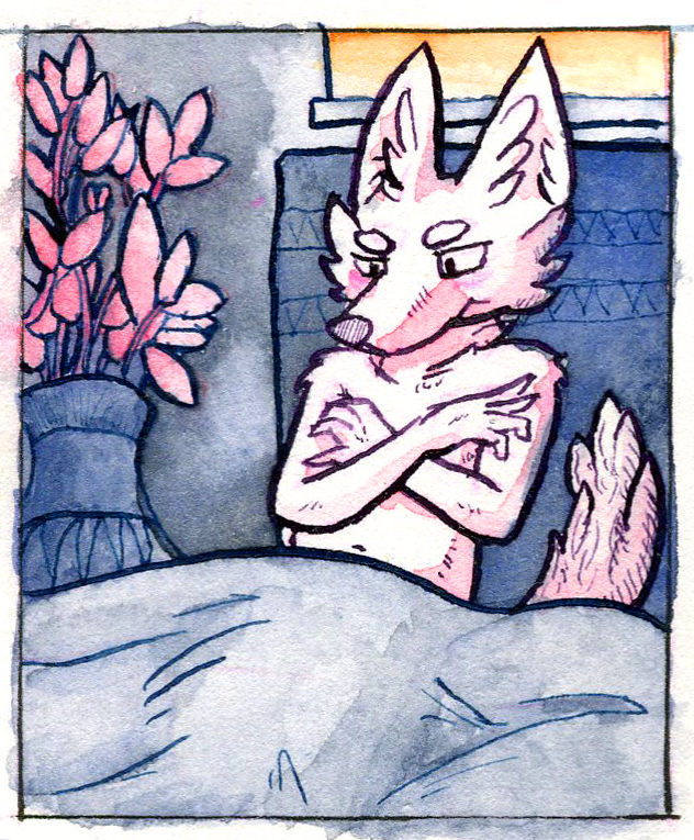 anthro bed bedding blanket blush clothed clothing crossed_arms fur furniture inside looking_down male on_bed plant plant_pot potted_plant solo topless under_covers white_body white_fur window mothandpodiatrist arctic_fox canid canine fox mammal true_fox 2019 painting_(artwork) traditional_media_(artwork) watercolor_(artwork)