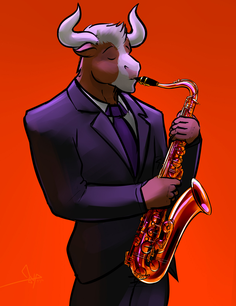 anthro clothed clothing costume holding_musical_instrument holding_object horn male musical_instrument playing_music saxophone simple_background solo wind_instrument woodwind_instrument bgn mino bovid bovine cattle mammal 2013 digital_media_(artwork)