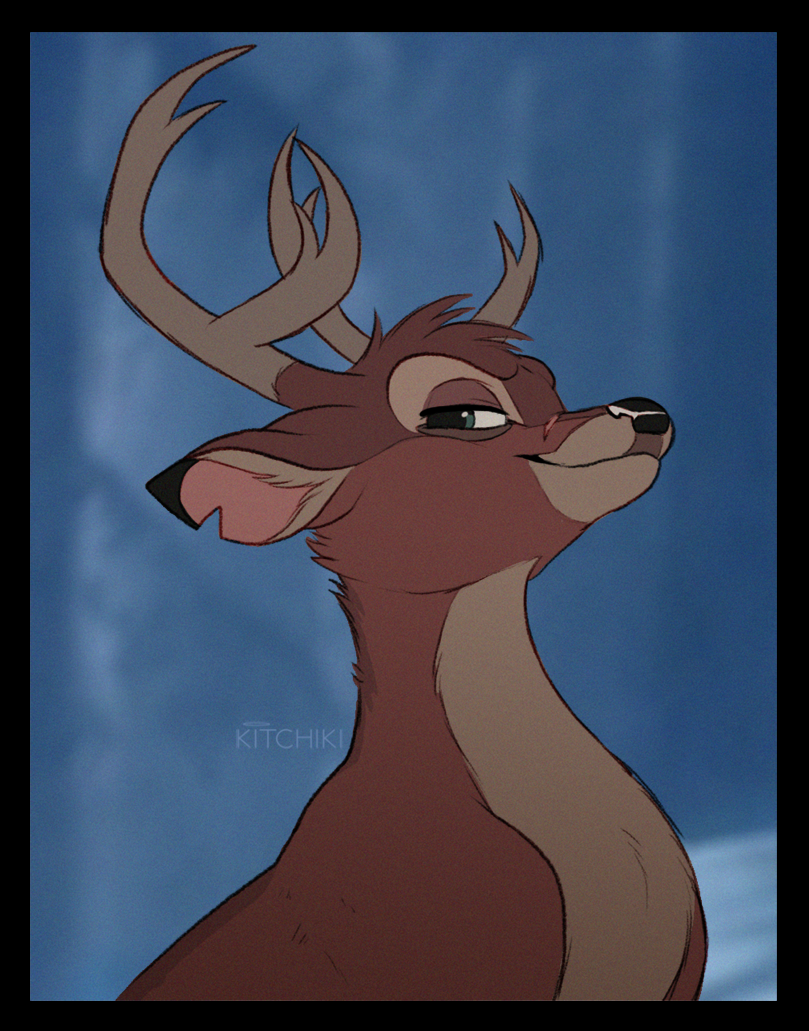 antlers black_border black_nose border brown_body brown_fur eyebrows eyelashes fur green_eyes horn looking_at_viewer smile solo kitchiki bambi_(film) disney ronno deer mammal mule_deer new_world_deer 2022 digital_media_(artwork)