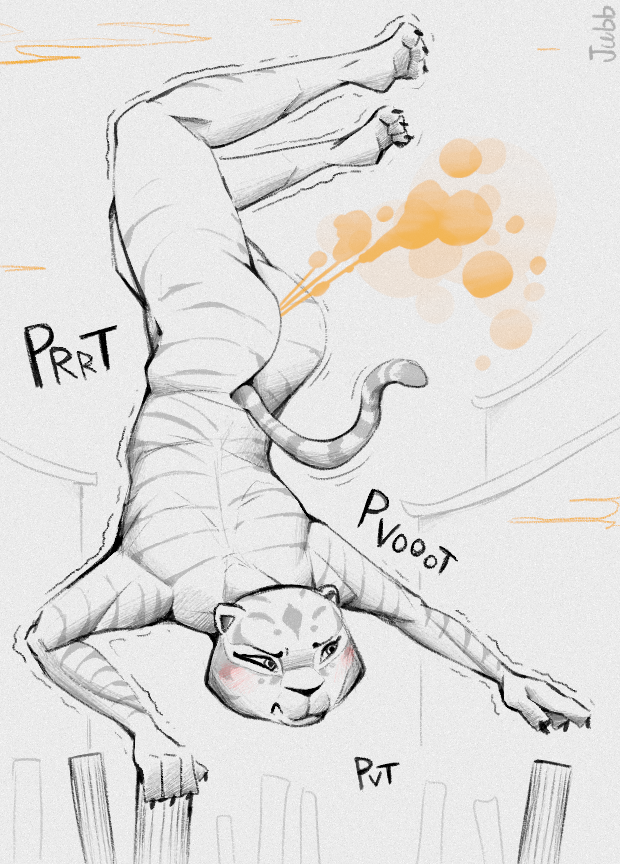 anthro athletic athletic_anthro athletic_female balancing balancing_on_one_hand black_eyebrows black_finger_claws black_nose black_toe_claws blush blush_stickers butt claws embarrassed exercise eyebrows fart fart_cloud female frown fur handstand markings motion_lines nude nude_anthro nude_female orange_fart_cloud shaking simple_background solo sound_effects straining striped_body striped_fur striped_markings striped_tail stripes tail tail_markings text tiger_tail toe_claws training vowelless vowelless_sound_effect white_background jubb dreamworks kung_fu_panda master_tigress felid mammal pantherine tiger 2022 artist_name