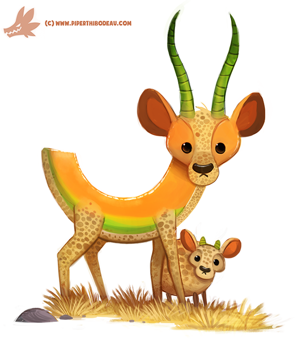 ambiguous_gender beady_eyes black_eyes cantaloupe duo feral food fruit grass horn humor looking_at_viewer melon plant pun rock simple_background size_difference visual_pun white_background young piper_thibodeau antelope bovid food_creature mammal digital_media_(artwork) digital_painting_(artwork) painting_(artwork)