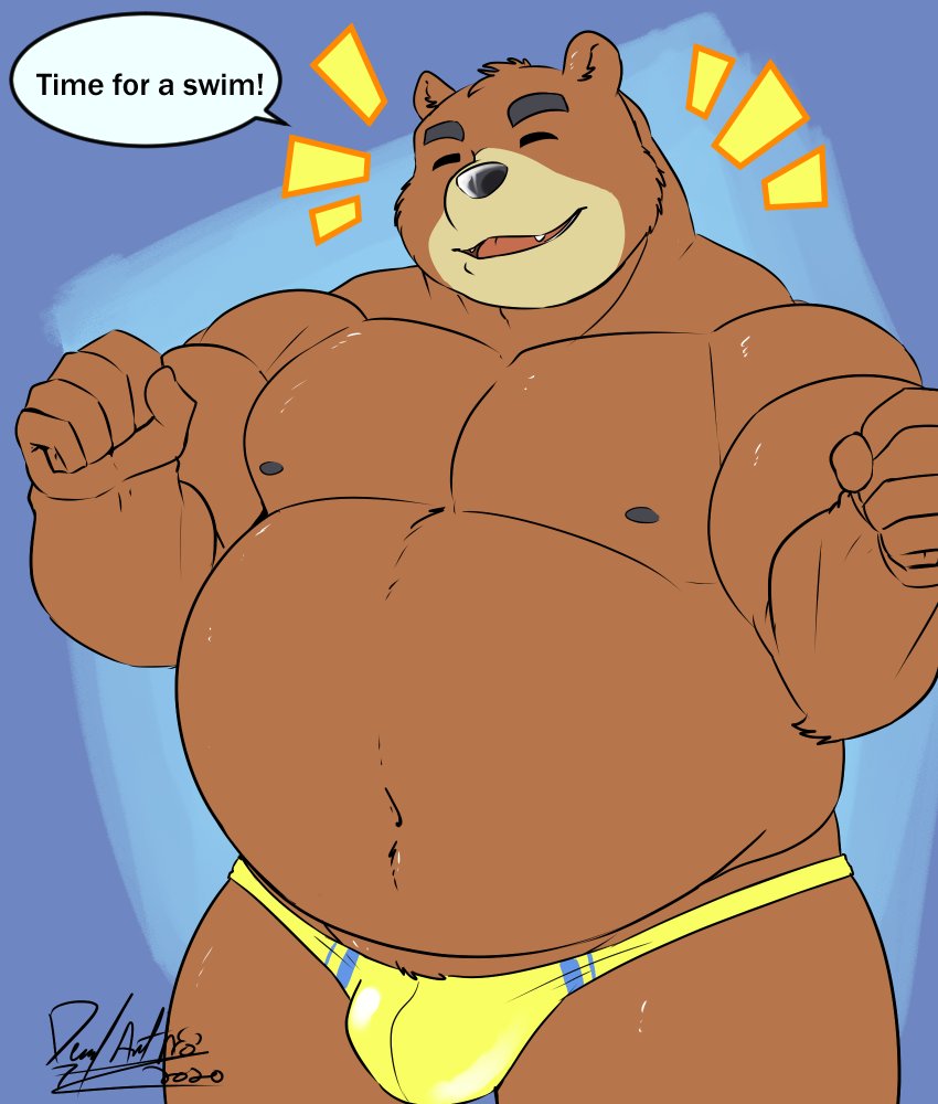 anthro belly black_nose brown_body brown_fur bulge clothing eyes_closed fur humanoid_hands male moobs nipples overweight overweight_anthro overweight_male solo speedo swimwear underwear deadanthro animal_crossing nintendo teddy_(animal_crossing) bear mammal 2020