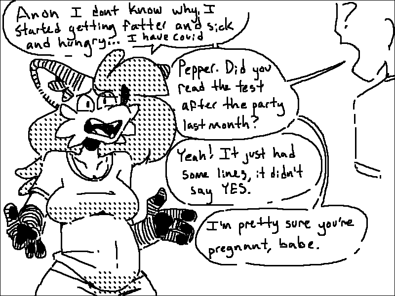 1-bit anthro black_border border clothing female implied_pregnancy pregnant speech_bubble talking_to_another talking_to_partner text sketchytoasty pepper_(sketchytoasty) canid canine fox mammal 4:3 black_and_white english_text monochrome sketch