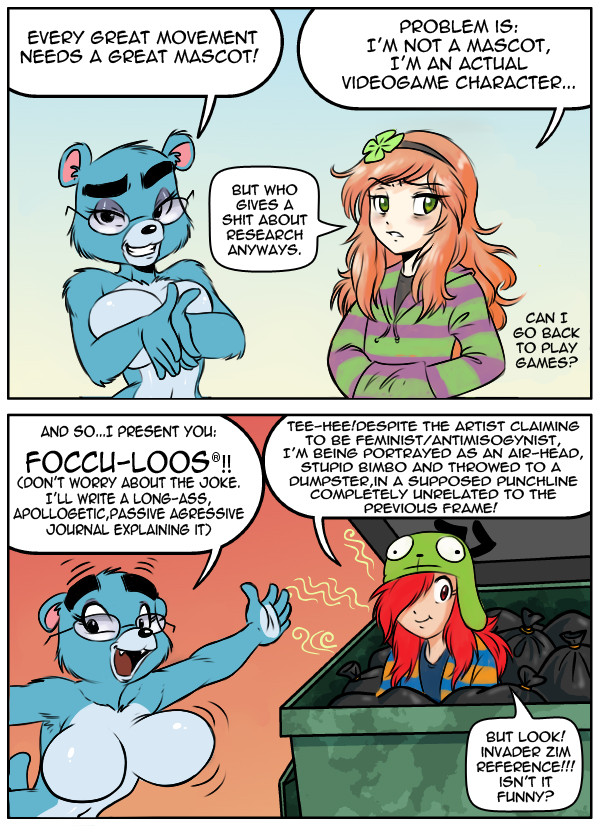 anthro big_breasts blue_body blue_fur bouncing_breasts breasts crossgender dialogue dumpster eyewear featureless_breasts female fur gamergate glasses green_eyes group hair humor open_mouth profanity red_eyes red_hair smile text chochi invader_zim nickelodeon occu-lass_thrift tom_preston vivian_james bear human mammal comic english_text unavailable_at_source