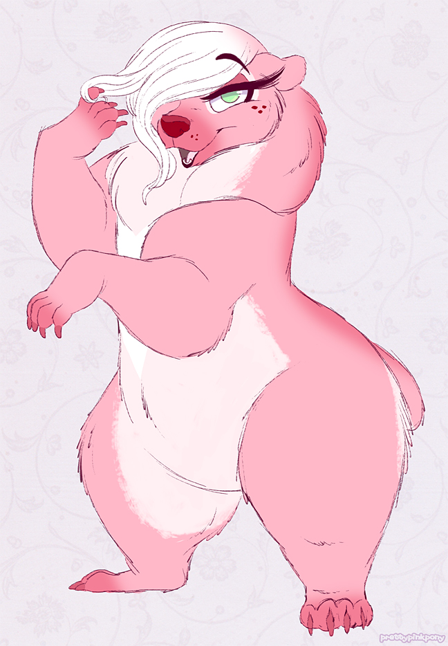 anthro female fur hair nude pink_body pink_fur semi-anthro slightly_chubby solo thick_thighs white_hair wide_hips prettypinkpony bear mammal