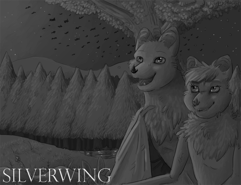 bat_wings detailed_background duo fangs female feral forest fur happy male membrane_(anatomy) membranous_wings night nude outside plant realistic_wings teeth tree wings fidchellvore silverwing_(series) marina_brightwing shade_silverwing bat mammal 2013 greyscale monochrome