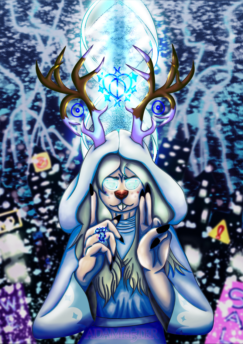 5_fingers anthro antlers big_teeth black_nails blonde_hair blue_eyes brown_horn buckteeth clothing colored_nails doe_with_antlers electricity electricity_manipulation elemental_manipulation empty_eyes female fingers freckles furrowed_brow glowing glowing_eyes glowing_ring hair hood hood_up hooded_robe horn ice_horn long_hair long_horn looking_at_viewer magic magic_user mobius_strip nails platinum_blonde red_nose ring_(jewelry) robe snow snowgrave snowstorm solo teeth thunder town white_clothing white_robe adamayster deltarune undertale_(series) noelle_holiday deer mammal new_world_deer reindeer 2022 watermark