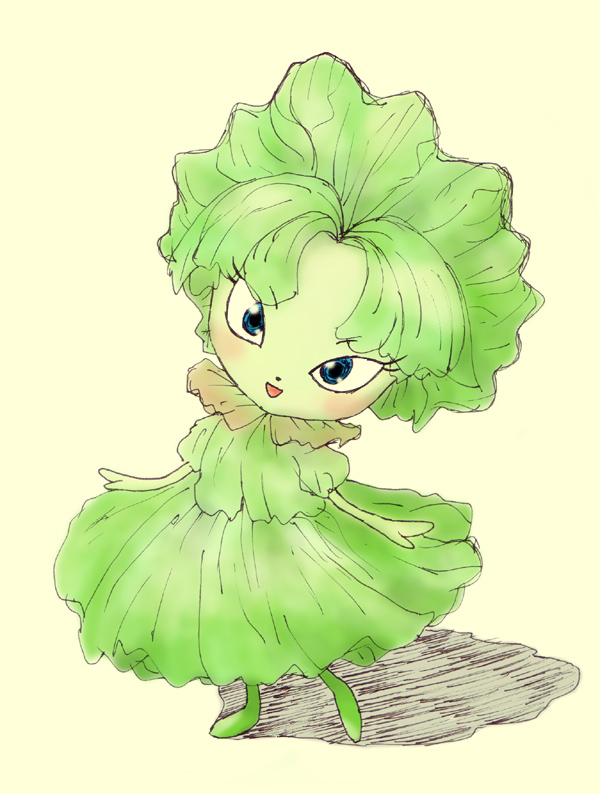 blue_eyes clothed clothing curtsey dress female food fully_clothed lettuce not_furry plant solo vegetable pasaran food_creature digital_media_(artwork) full-length_portrait portrait sketch