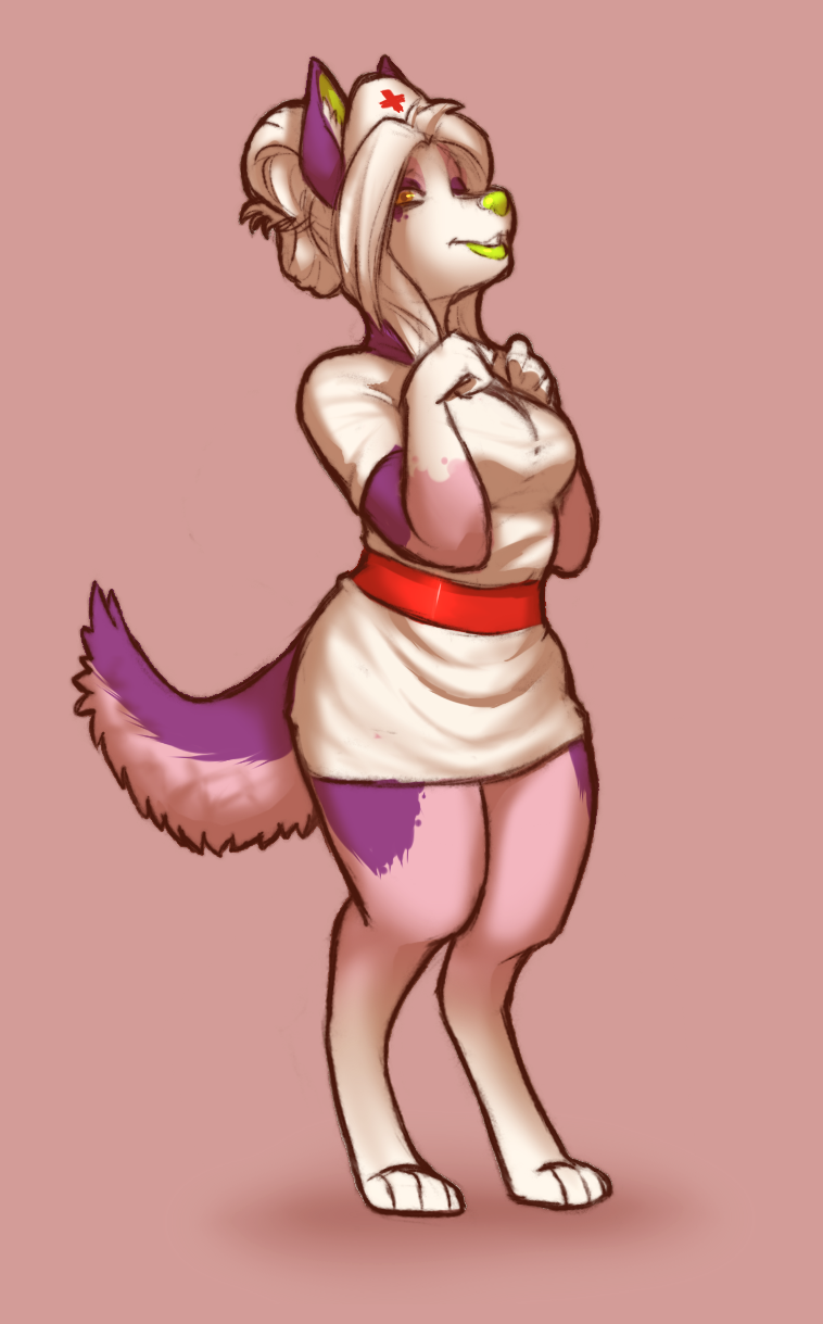 anthro breasts clothing female hair looking_at_viewer nurse nurse_clothing nurse_uniform simple_background smile solo uniform namelessenemy dokuga australian_shepherd canid canine canis domestic_dog herding_dog mammal pastoral_dog sheepdog 2014 hi_res