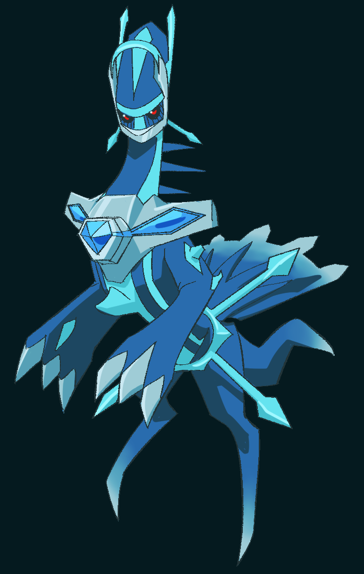 ambiguous_gender armor back_spikes blue_body breastplate claws feral finger_claws green_background long_neck on_hind_legs quadruped red_eyes simple_background solo spikes spikes_(anatomy) striped_body stripes abbystabby nintendo pokemon generation_8_pokemon legendary_pokemon origin_forme_dialga pokemon_(species) shaded