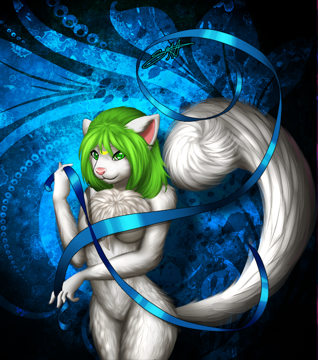 anthro breasts chest_tuft female fluffy fluffy_tail fur green_eyes green_hair hair markings pink_nose pointy_ears prick_ears ribbons solo tail tuft yellow_markings pacmancorp neko-kotori