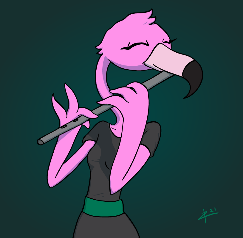 4_fingers anthro beak breasts clothed clothing dress eyes_closed feather_hands feathers female fingers green_background grey_clothing grey_dress male musical_instrument non-mammal_breasts pink_beak pink_body pink_feathers playing_flute playing_music simple_background smile solo standing zigmenthotep avian bird flamingo 2021 cel_shading digital_drawing_(artwork) digital_media_(artwork) shaded signature