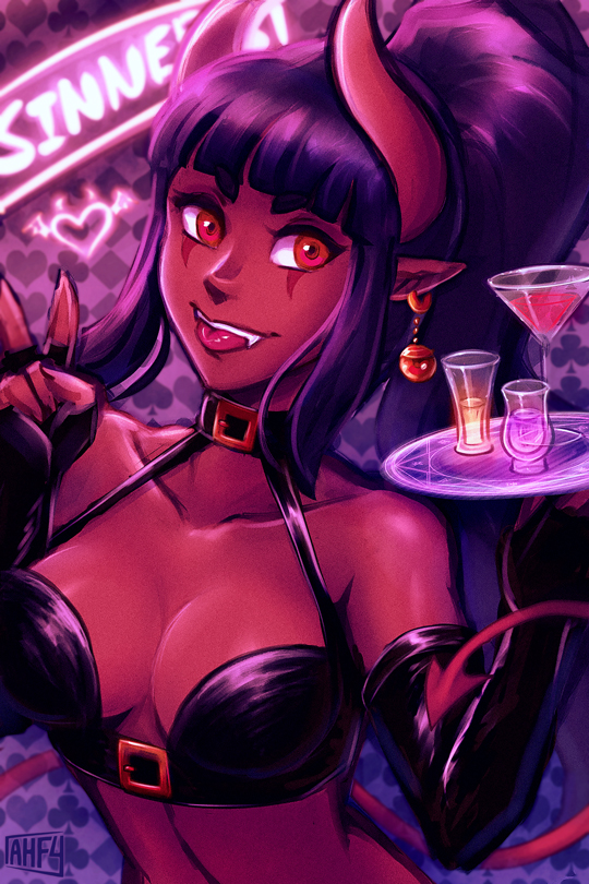 alcohol armwear beverage bikini bikini_top black_hair breasts cleavage clothed clothing collar cute_fangs ear_piercing elbow_gloves fangs female fingerless_gloves gesture gloves hair hand_gesture handwear horn humanoid_pointy_ears jewelry looking_at_viewer markings not_furry piercing pointy_ears red_body red_eyes red_skin serving_tray solo spade_tail swimwear tail teeth tongue tongue_out two-piece_swimsuit v_sign iahfy synth_(iahfy) demon demon_humanoid horned_humanoid humanoid 2017 2:3 half-length_portrait portrait