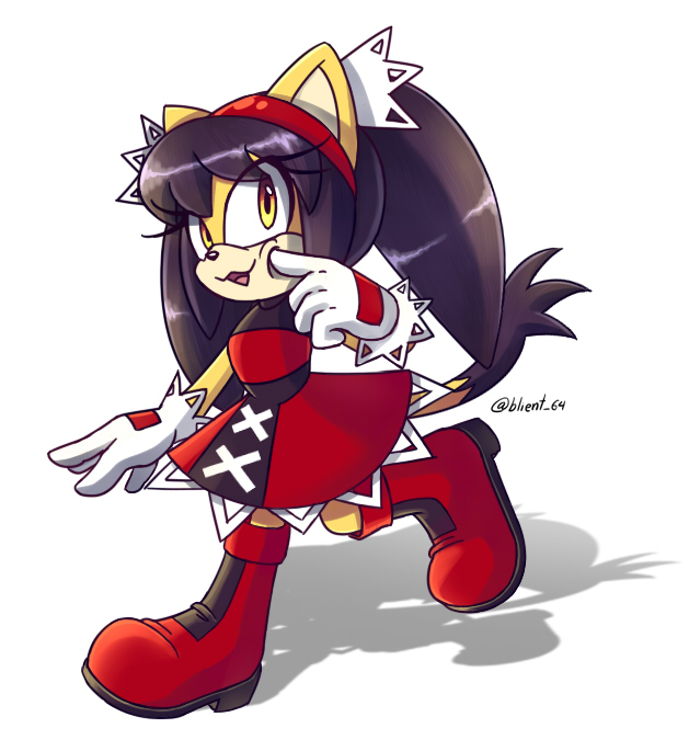 anthro black_hair boots clothed clothing female footwear fur hair looking_at_viewer poking_cheek shoes simple_background solo touching_cheek walking white_background yellow_body yellow_eyes yellow_fur blient_64 sega sonic_the_fighters sonic_the_hedgehog_(series) honey_the_cat domestic_cat felid feline felis mammal signature