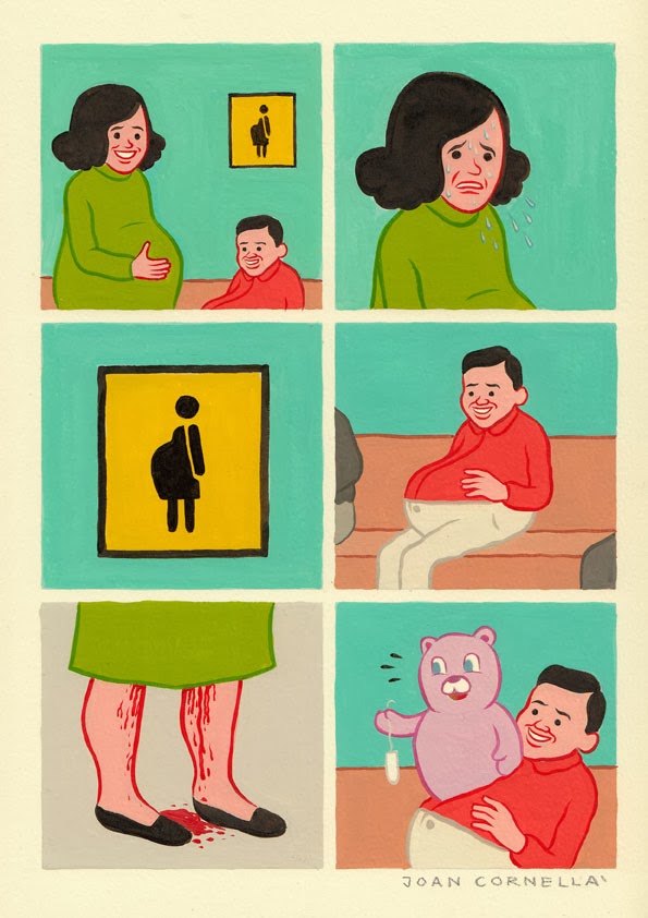 blood blue_eyes bodily_fluids female fur hospital male pink_body pink_fur pregnant tampon what joan_cornella bear human mammal comic