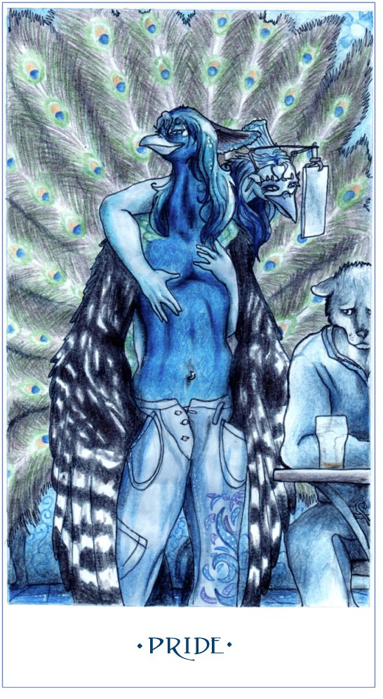 anthro blue_body blue_eyes blue_fur blue_hair bottomwear clothed clothing feathers fur furniture glass group hair male mirror navel navel_piercing open_bottomwear open_clothing open_pants pants peacock_feather piercing possession proud table tail tail_feathers topless elia_morettini seven_deadly_sins avian bird canid canine galliform indian_peafowl mammal peafowl phasianid blue_theme colored_pencil_(artwork) traditional_media_(artwork)