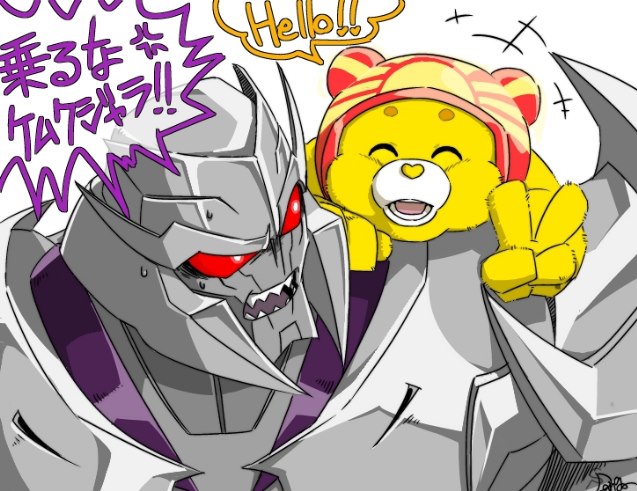 ambiguous_gender angry clothing decepticon dialogue duo fur gesture hand_gesture hat headgear headwear heart_symbol humor machine open_mouth red_eyes text v_sign yellow_body yellow_fur unknown_artist care_bears hasbro takara_tomy transformers transformers:_prime transformers_aligned_continuity funshine_bear megatron bear mammal robot english_text japanese_text translated translation_check