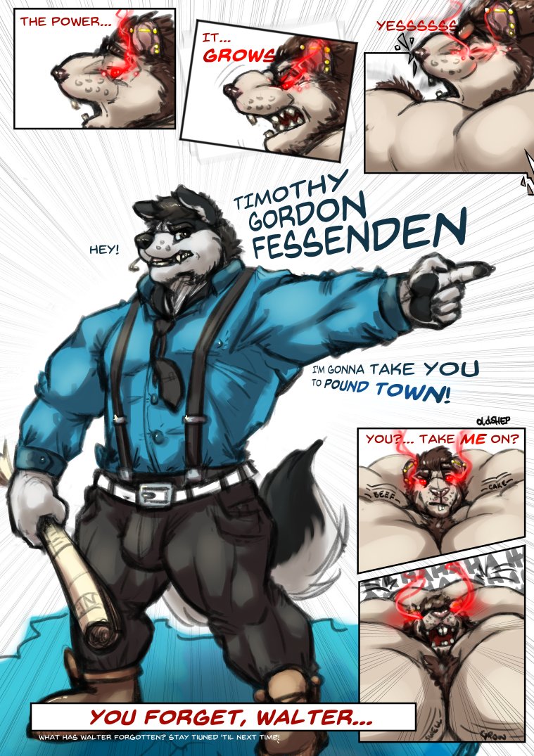 5_fingers 6_panel_comic anthro beard belt belt_buckle big_muscles big_pecs biped black_body black_bottomwear black_clothing black_fur black_necktie black_nose black_pants blue_clothing blue_dress_shirt blue_shirt blue_topwear body_hair bottomwear brown_beard brown_clothing brown_eyebrows brown_facial_hair brown_footwear brown_hair brown_shoes buckle buckteeth bulge button_(fastener) chest_hair claws clothed clothed_anthro clothed_male clothing collared_shirt countershade_face countershade_fur countershade_tail countershading dialogue dress_shirt duo ear_barbell ear_piercing ear_stud electronics evil_laugh eyebrows facial_hair fangs finger_claws fingerpads fingers footwear front_view fully_clothed fully_clothed_anthro fully_clothed_male fur gesture glowing glowing_eyes growth hair hand_gesture huge_muscles huge_pecs humanoid_hands hyper hyper_muscles hyper_pecs industrial_piercing laugh looking_at_viewer looking_sideways male male_anthro microphone monotone_body monotone_fur mouth_closed multicolored_body multicolored_fur muscle_growth muscular muscular_anthro muscular_male necktie newspaper nipple_outline onomatopoeia open_mouth pants pawpads pecs piercing pink_ears pink_nose plantigrade pointing red_eyes rolled_up_newspaper sharp_teeth shirt shoes side_view simple_background sound_effects standing suspenders tail teeth text text_background threatening three-quarter_view topwear trapezius two_tone_body two_tone_fur whisker_spots white_belt white_body white_countershading white_fur white_inner_ear oldshep timothy_"brofessor"_fessenden walter_graves canid canine canis collie domestic_dog herding_dog mammal murid murine pastoral_dog rat rodent sheepdog character_name comic digital_media_(artwork) english_text signature