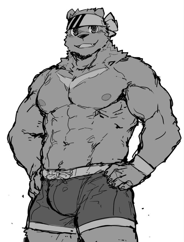 abs accessory anthro biceps black_nose clothing fur headband kemono male muscular muscular_anthro muscular_male nipples pecs solo underwear rpbbw bear mammal 2018 digital_media_(artwork) monochrome